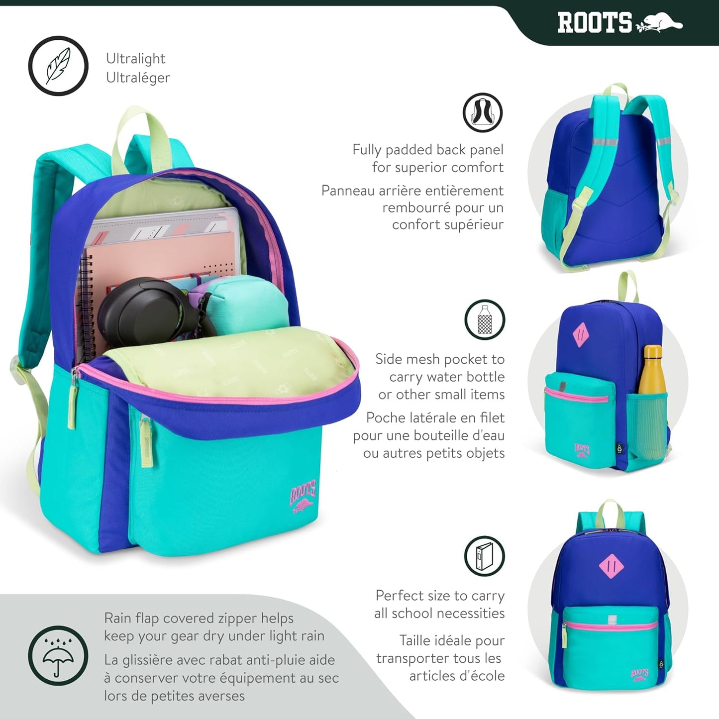 Roots Kids Lightweight Backpack — Made from 100% Recycled Fabrics with Rain Flap, Bottle Pocket, Reflective Accent, and Back Padding — 22.5 litres, Pink & Purple