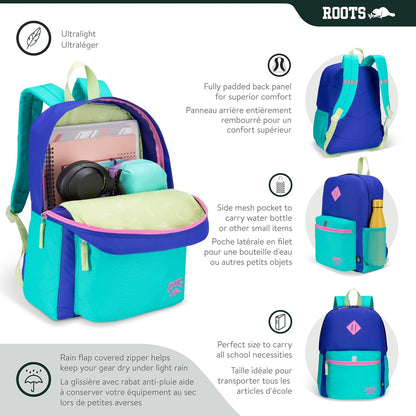 Roots Kids Lightweight Backpack — Made from 100% Recycled Fabrics with Rain Flap, Bottle Pocket, Reflective Accent, and Back Padding — 22.5 litres, Pink & Purple