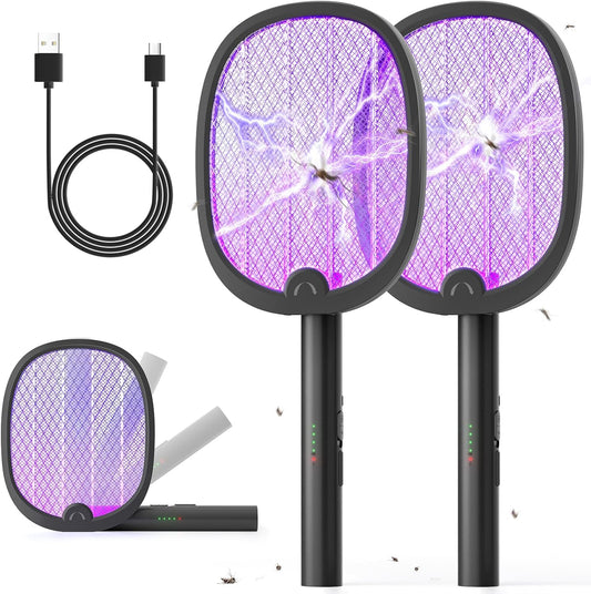 YISSVIC Bug Zapper Racket 4000 Volt Electric Fly Swatter Fly Zapper Dual Modes with Attractant Light Rechargeable Black 2 Pack
