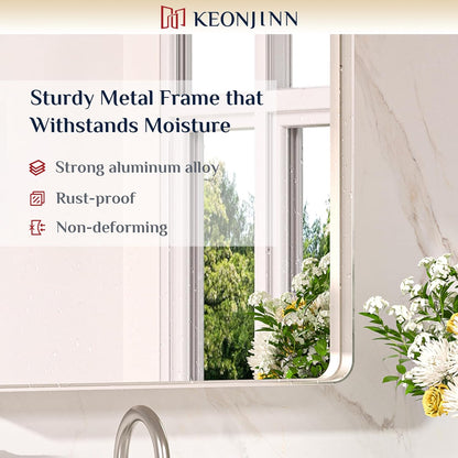 Keonjinn 42 x 36 Brushed Nickel Bathroom Vanity Mirror, Large Rounded Rectangle Bathroom Mirrors for over Sink, Metal Framed Silver Mirror for Wall, Shatterproof HD Tempered Glass(Horizontal/Vertical)