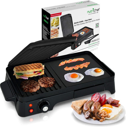 NutriChef Electric Griddle - Dual Hot Plate Cooktop Crepe Maker with Press Grill, Nonstick Coating, Rotary Temperature Control, Plug-in Operation & Oil Tray for Kitchen & Countertop (PKGRIL43)