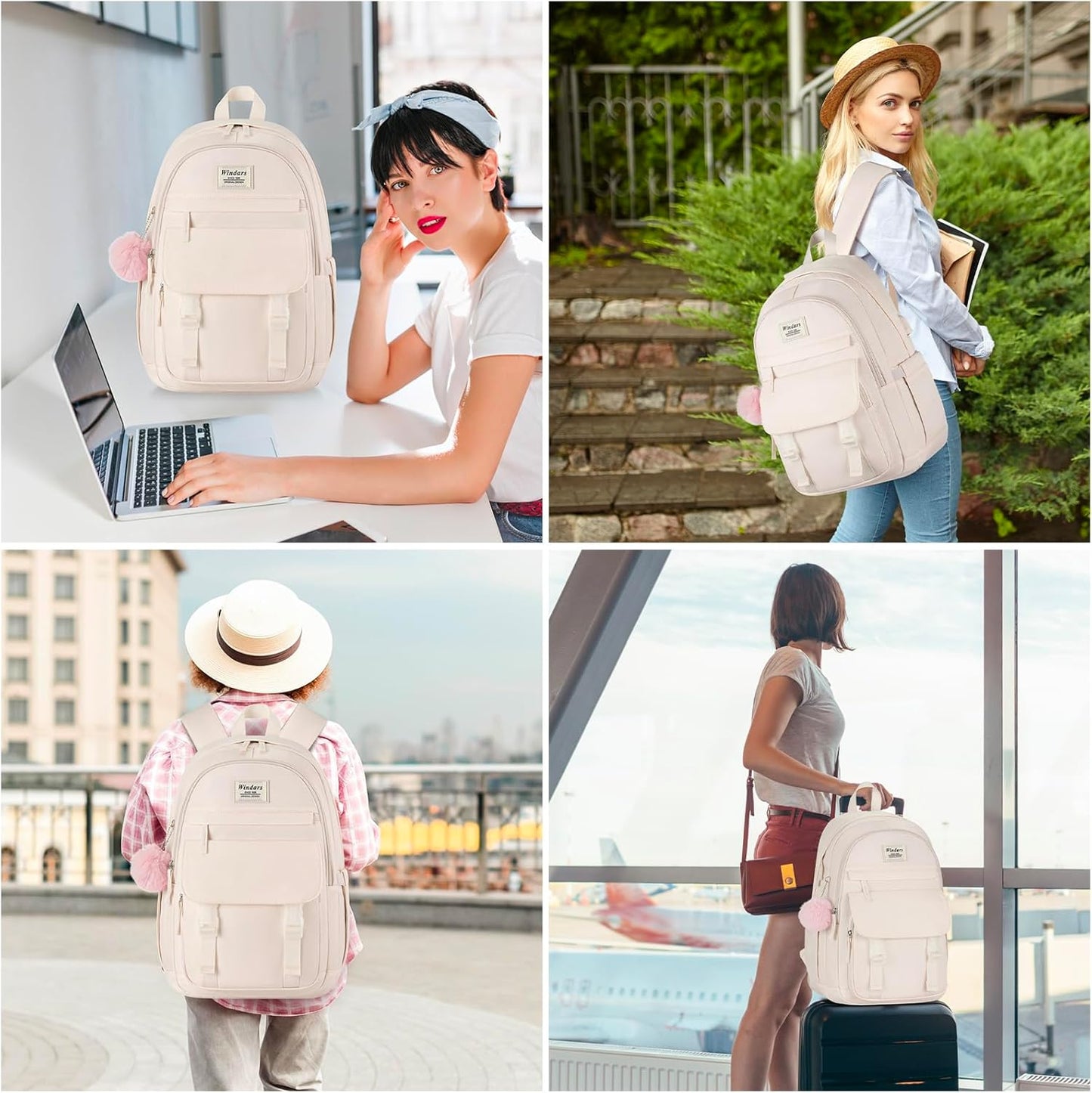 WINDARS School Backpack for Teen Girls, Cute College Backpacks for Women Students Aesthetic Bookbag Large 15.6 Inch Laptop Bag Middle School Travel Back Pack (Khaki Beige)