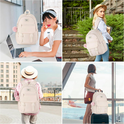 WINDARS School Backpack for Teen Girls, Cute College Backpacks for Women Students Aesthetic Bookbag Large 15.6 Inch Laptop Bag Middle School Travel Back Pack (Khaki Beige)