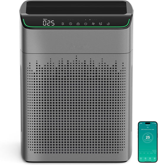 Smart HEPA Air Purifier for Large Rooms (Up to 1690 sq ft) with PM2.5 Air Quality Monitor, Wi-Fi & Voice Control, Dual Air Intake, Ultra Quiet 23dB Operation, Grey