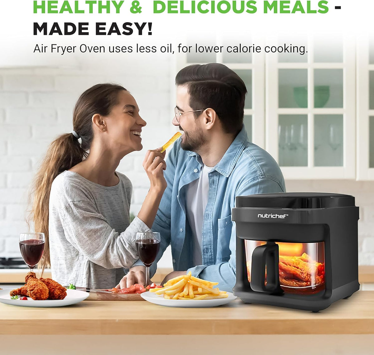 Nutrichef 5.8 Quart Air Fryer | 8-1 Preset Cook Modes | Transparent Fry Bowl for Best Cooking Results | Cook Shrimp, Steak, Fries, Wings, Chicken & More | Precise Temperature Control & Time | Black