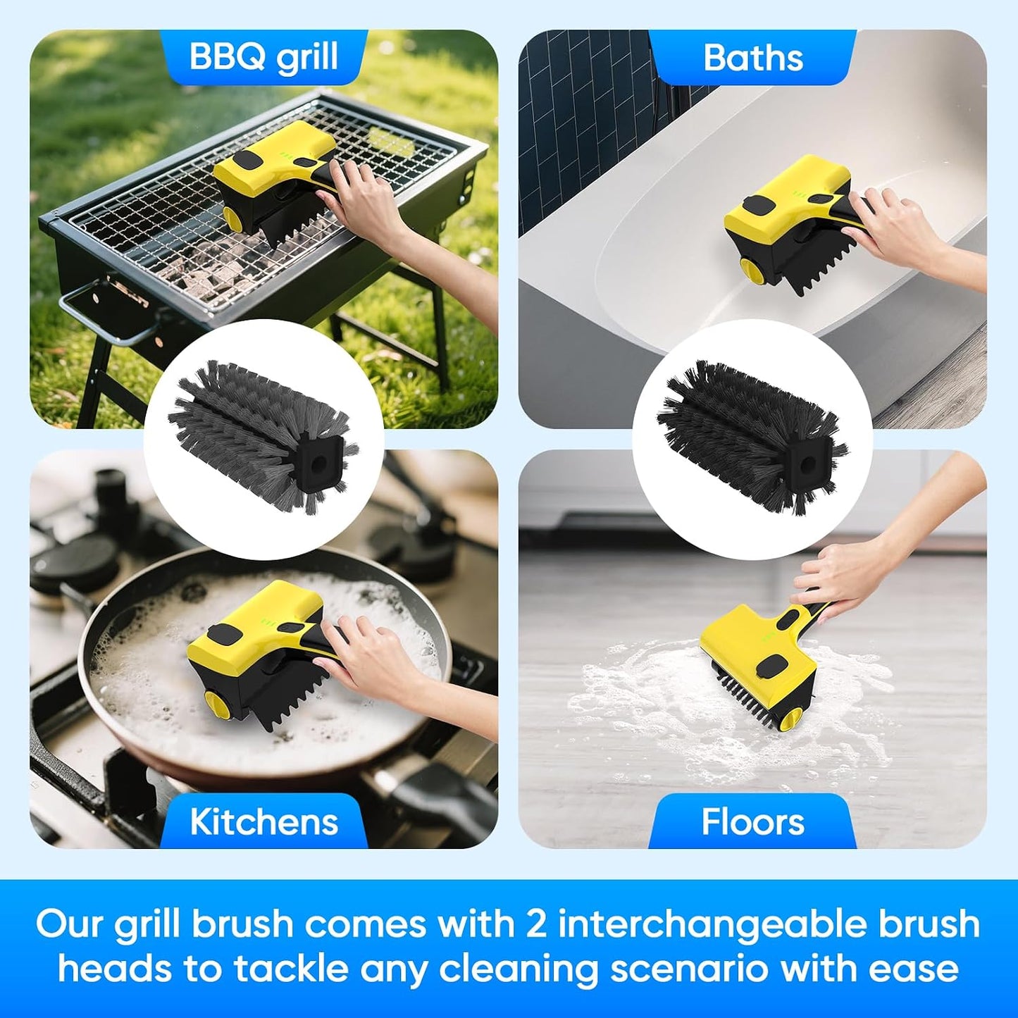2 in 1 Electric Grill Brush, Cordless Electric Grill Cleaner for Outdoor Grill, 360° Rotating Cleaner Brush Head, Rechargeable Heavy Duty BBQ Grill Brush, IPX7 Waterproof