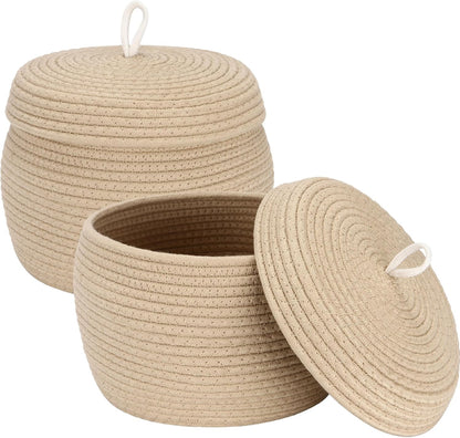 Sea Team Round Cotton Rope Storage Basket with Lid, Decorative Woven Storage Bin, Pot, Caddy, Organizer, Container for Snacks, Towels, Plants (Grey, Small)