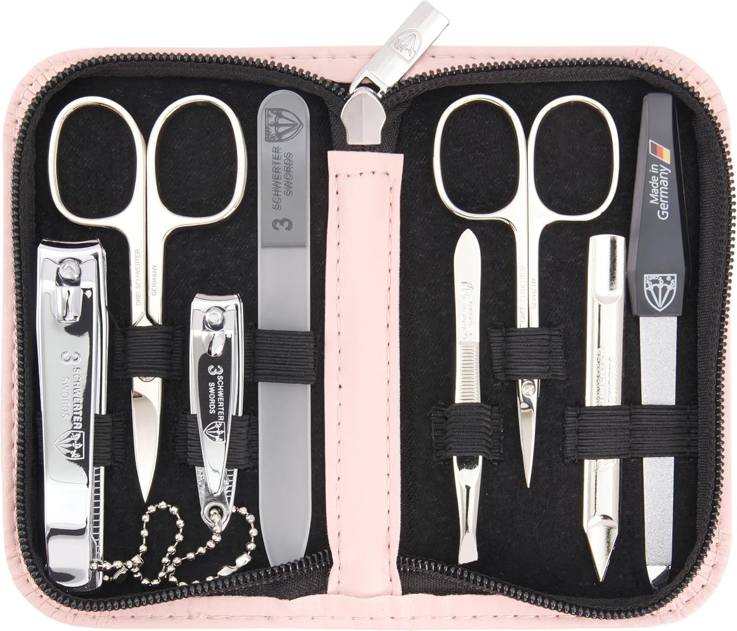 3 Swords Germany - brand quality 8 piece manicure pedicure grooming kit set for professional finger & toe nail care scissors clipper fashion leather case camou in gift box, Made in Germany