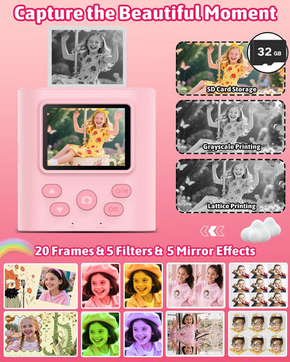 Mgaolo Kids Camera with Instant Print, Thermal Printing Digital Camera Gift for 3-12 Years Old Children, Safe Ink-Free Design, Toy for Creativity & Learning (Black)