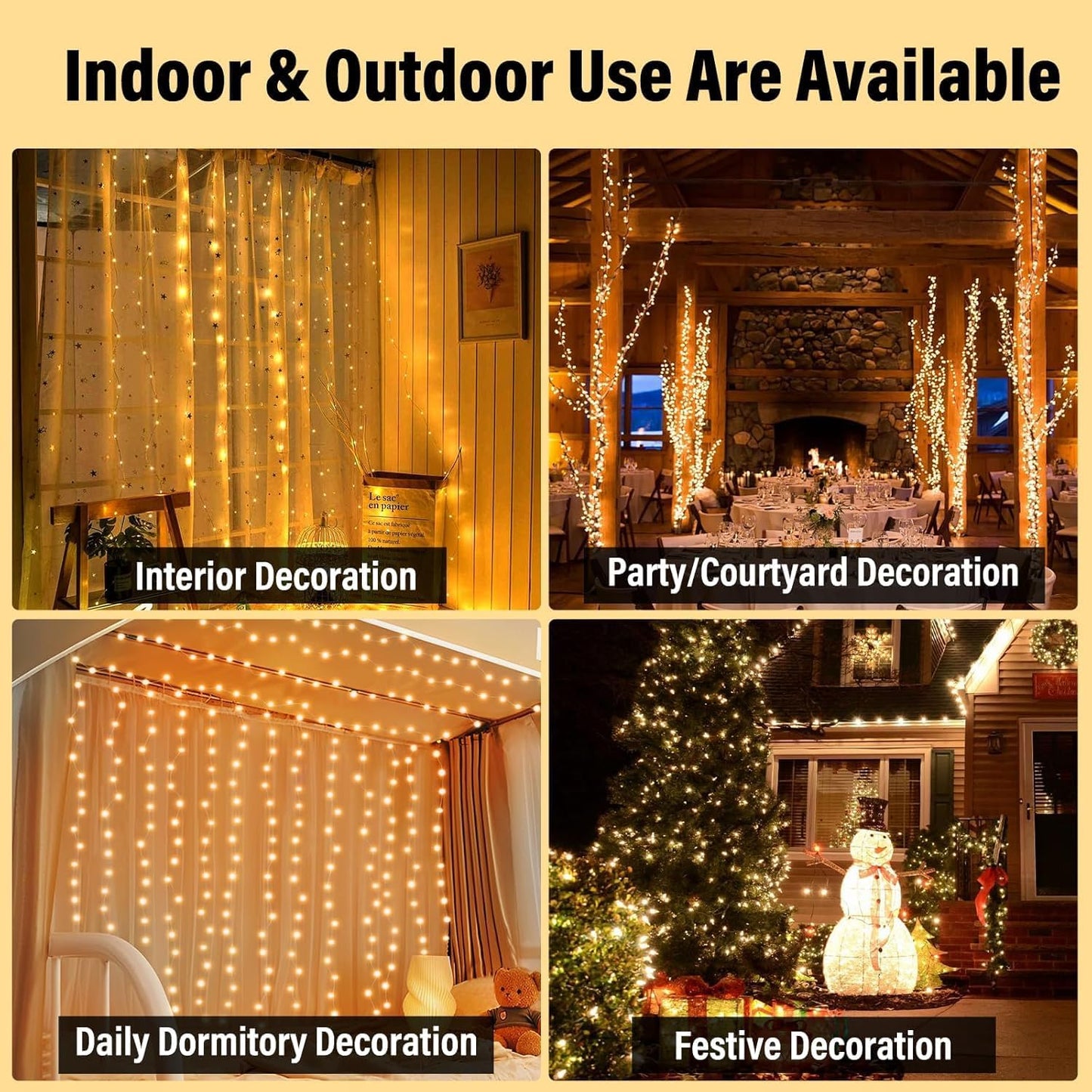 2 Pack Fairy Curtain Lights, Total 600 LED USB Plug in 8 Modes 9.8x9.8Ft Christmas String Hanging Lights with Remote for Bedroom, Indoor, Outdoor, Weddings, Party, Wall, Decorations, Warm White