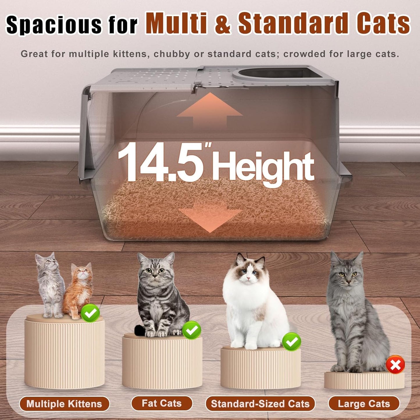 Stainless Steel Cat Litter Box with Lid, 180° Flip Top XL Enclosed Litter Box with Trapping Mat & Metal Scoop, Front Top Dual Entry Steel Extra Large Cat Litter Pan (Grey, X-Large)