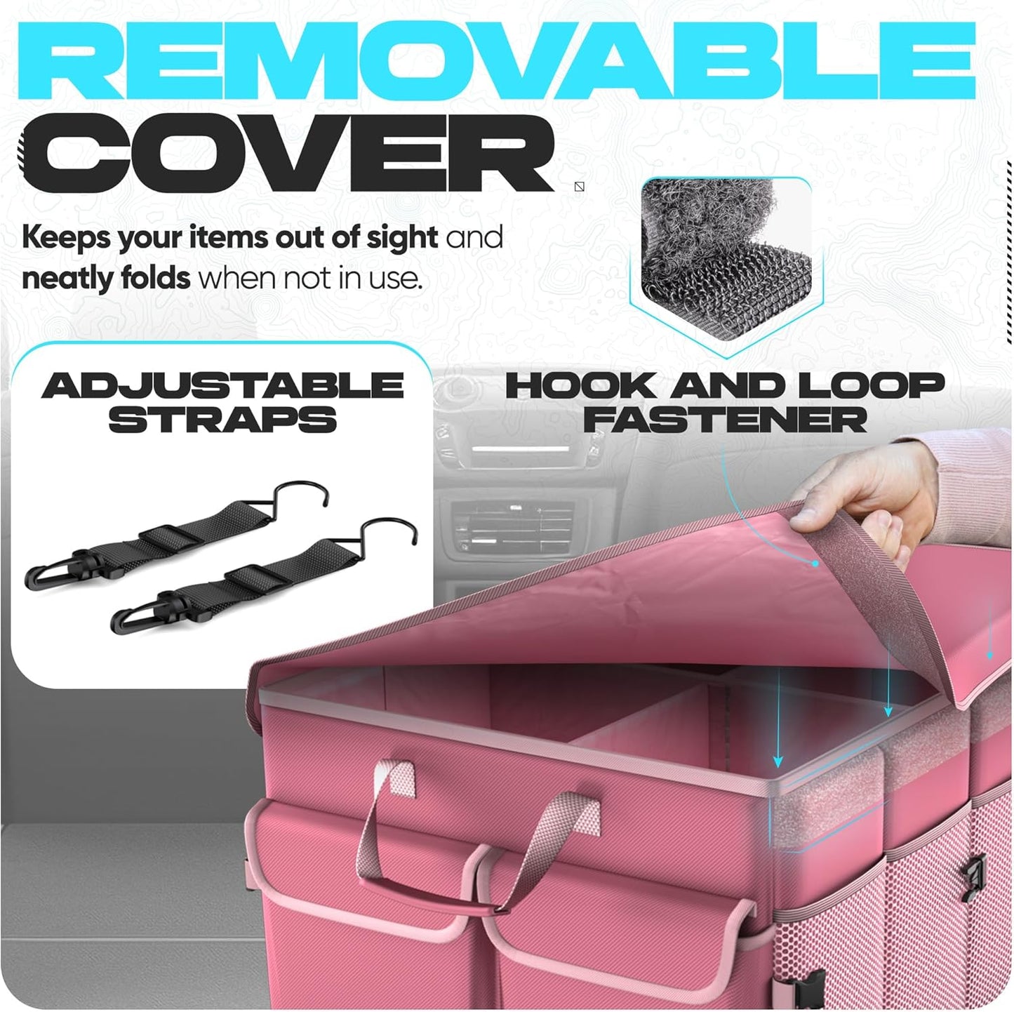 FORTEM Car Trunk Organizer, Collapsible Multi Compartment Car Organizer, Foldable SUV Storage for Car Accessories for Women Men, Non Slip Bottom, Securing Straps, Soft Cover 50L (Black, Standard)