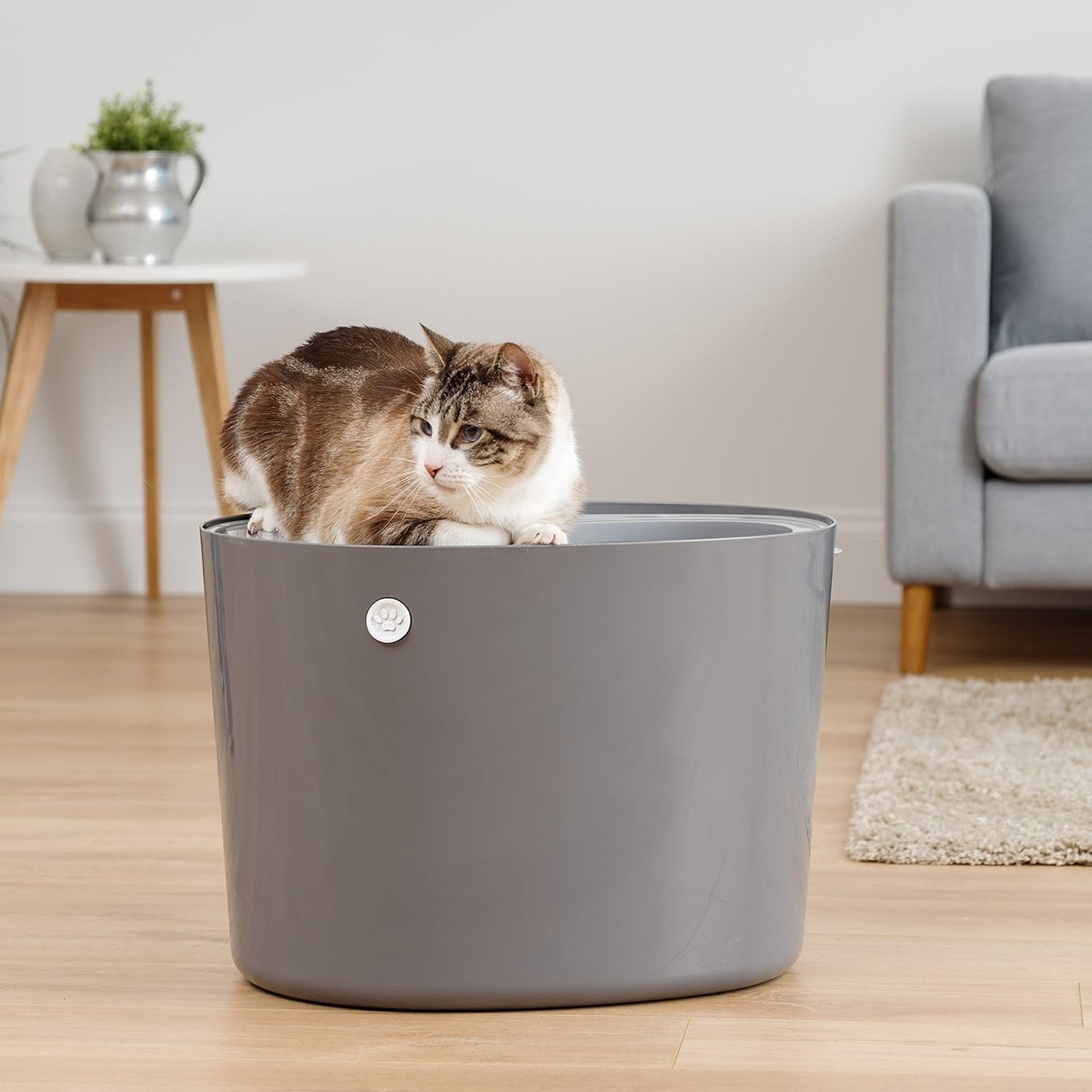 IRIS USA Top Entry Cat Litter Box with Scoop - Large - Stylish Enclosed Round Oval Kitty Dog Proof Box, Litiere Pour Chat Bac - White/Beige