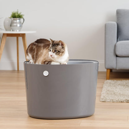 IRIS USA Top Entry Cat Litter Box with Scoop - Large - Stylish Enclosed Round Oval Kitty Dog Proof Box, Litiere Pour Chat Bac - White/Beige