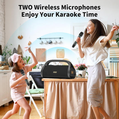 Monster Adventurer Max Bluetooth Speaker with Two Wireless Microphones, IPX7 Waterproof Outdoor Speakers with 100W Powerful Stereo Sound, Portable Bluetooth Speakers for Home, Camping, Gold
