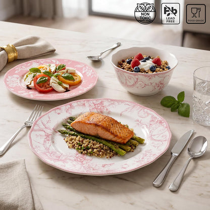 222 Fifth Adelaide Blush 12-Piece Pink Porcelain Dinnerware Set – Service for 4, Plate & Bowl Set, White with Pink Floral Pattern, for Daily Dining & Entertainment, Microwave & Dishwasher Safe