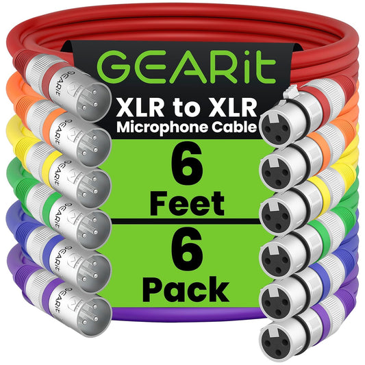 GearIT XLR to XLR Microphone Cable (6 Feet, 6 Pack) XLR Male to Female Mic Cable 3-Pin Balanced Shielded XLR Cable for Mic Mixer, Recording Studio, Podcast - Multi Colored, 6Ft, 6 Pack