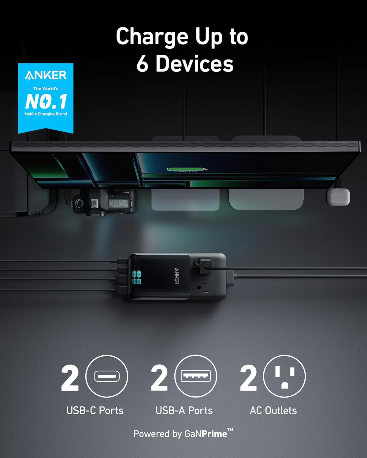 Anker Prime 6-in-1 USB C Charging Station, 140W Compact Power Strip for Work and Travel, 5 ft Detachable Extension Cord with 6 Ports, for iPhone 15/15 Plus/15 Pro/15 Pro Max(Non-Battery/Wireless)