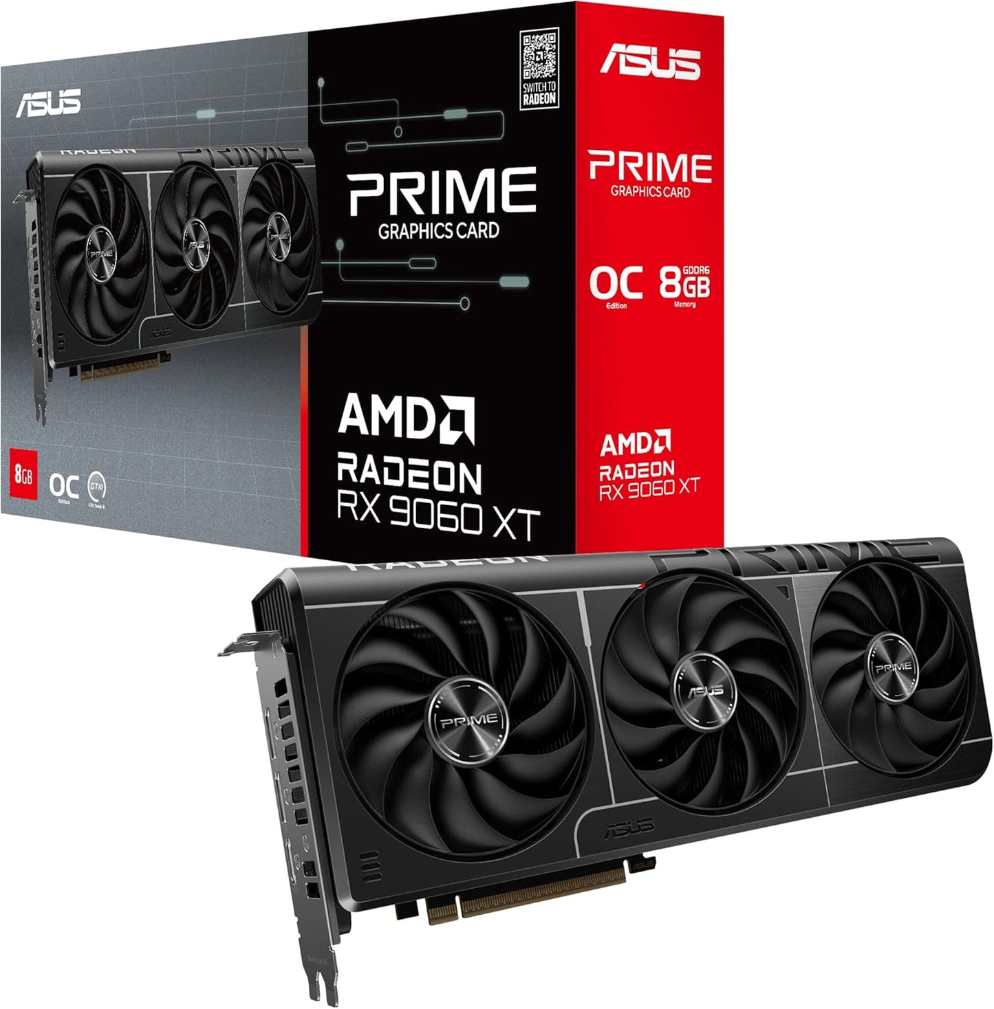 ASUS Prime Radeon™ RX 9060 XT 16GB GDDR6 OC Edition Graphics Card (PCIe 5.0, HDMI/DP 2.1, 2.5-Slot Design, axial-tech Fans, Dual Ball Fan Bearings, Dual BIOS, ASUS GPU Guard)