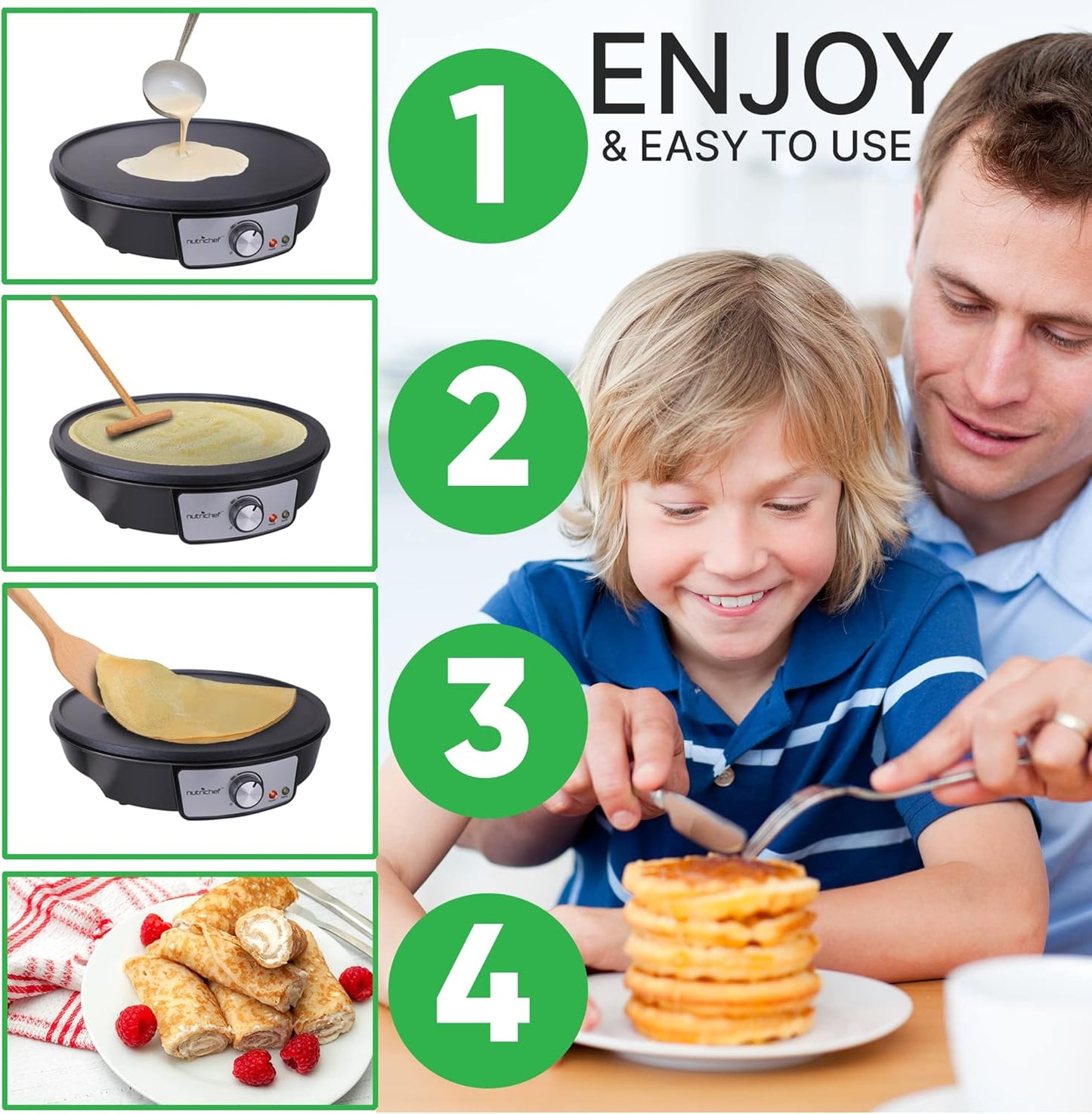 NutriChef Electric Crepe Maker, Cooks Roti, Tortillas, Pancakes, Nonstick Cooktop, 8-inch Cook Area On/Off Switch, Automatic Temperature Control & Cool Touch Handle, Includes Food Bowl, Whisk, Spatula