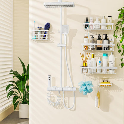 Moforoco Shower Caddy Shelf Organizer Rack, Self Adhesive Black Bathroom Shelves Basket, Home Farmhouse Wall Shower Inside Organization and Storage Decor Rv Accessories, First Apartment Essentials