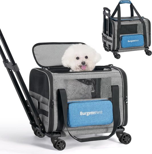 BurgeonNest Cat Carrier with Wheels, Airline Approved Pet Carrier for Cats Dogs 15 lbs, Grey and Blue, 18"L x 11"W x 11"H