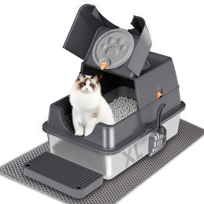 Citylife Stainless Steel Litter Box with Lid Flip-Top Removable High Enclosed Cat Litter Box with Litter Mat Step&Litter Scoop Metal Litter Pan Easy Cleaning Odor-Resistant Large Space for Cats Black