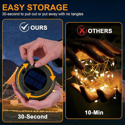 RISEMART Camping String Lights Retractable 33FT, Camping Lights with Solar Charging Waterproof Rollable String Lights Outdoor with 5 Lighting Modes for Tent Hiking Yard Party Festival Decoration