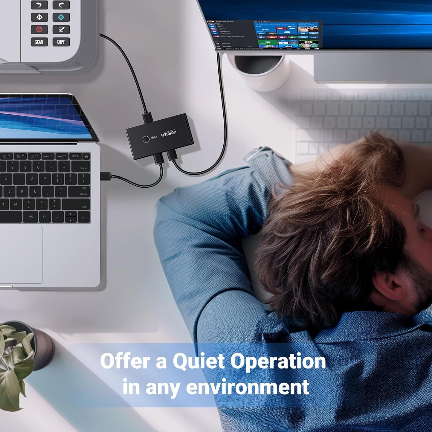 UGREEN USB 2.0 Switch Selector 2 Computers Sharing 4 Peripheral Devices, Switcher Box Hub for Mouse, Keyboard, Scanner, Printer, PCs with One-Button Swapping and 2 Pack USB A to A Cable