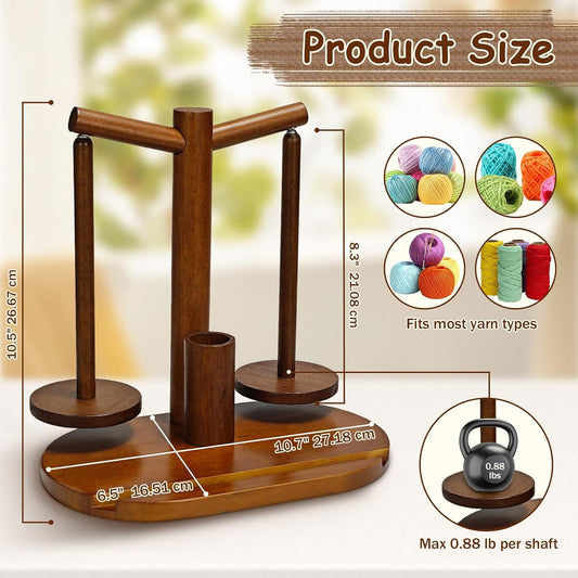 Wooden Yarn Holder for Crocheting and Knitting (Brown) | Upgraded Magnetic Rotating Spinner with 2 Spindles, Ideal Gift for Craft Enthusiasts