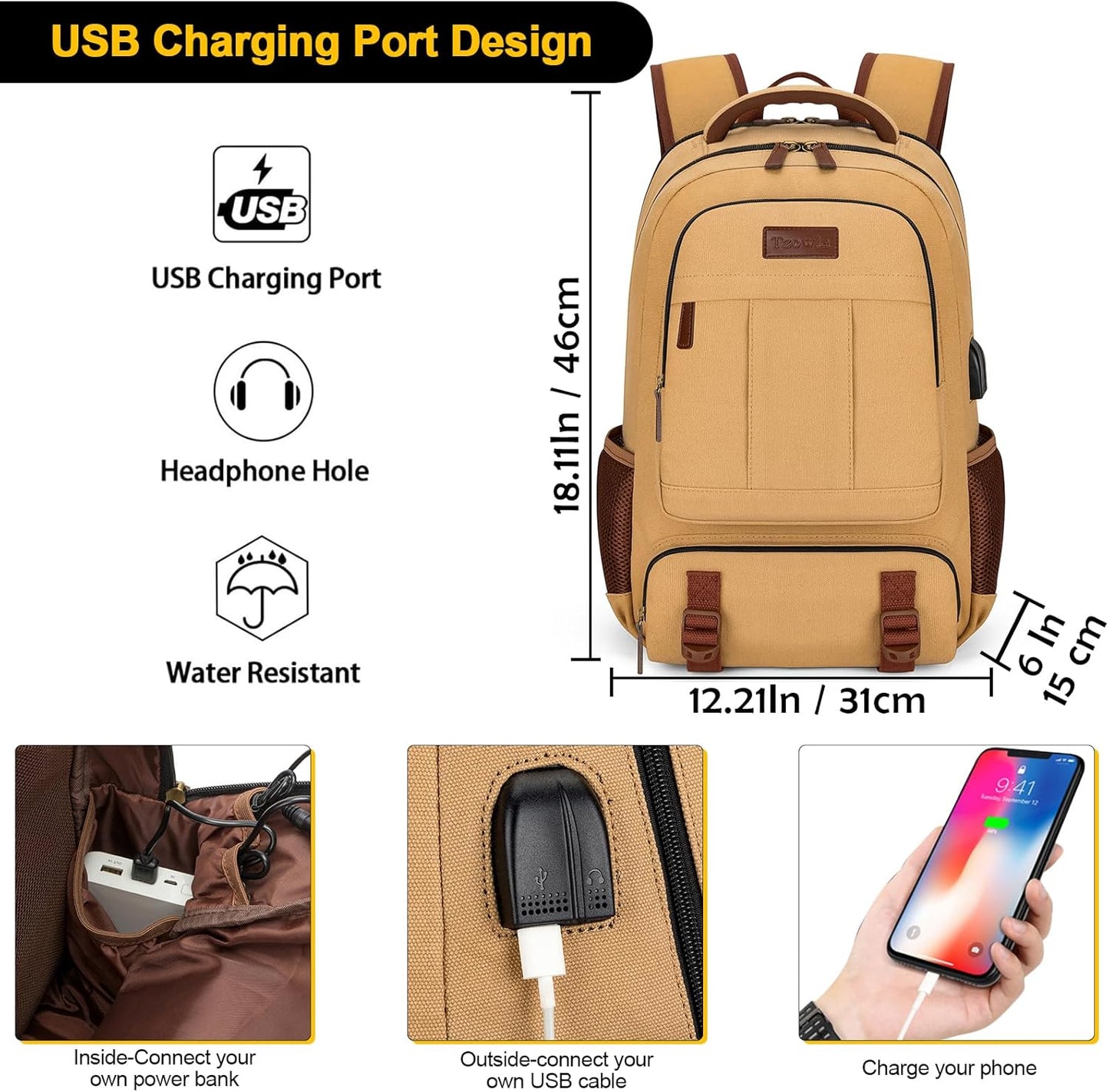 Tzowla Canvas Laptop Backpack Men,Bag for Women,School Travel College Work Rucksack Fits 15.6 Inch Laptop,Bookbag with USB Charging Port,Dark Grey