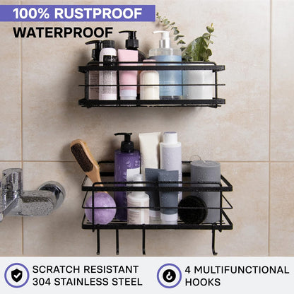 KINCMAX Premium Shower Caddy, 2-Pack Adhesive Shower Organizer, No Drill Bathroom Shelves, Rustproof Stainless Steel Shower Shelves for Inside Shower, Shampoo Holder, Shower Storage Rack, Matte Black