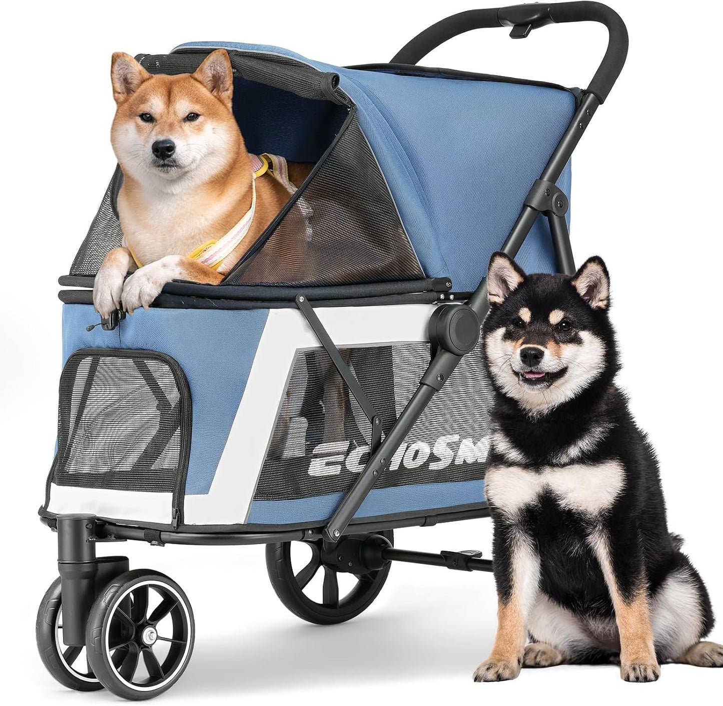 EchoSmile Dog Stroller for Medium & Small Dogs, Foldable Pet Stroller with 3 Wheels & Brakes, All-Terrain Cat Dog Carrier with Breathable Mesh, Safety Leash and Storage Pocket, Blue