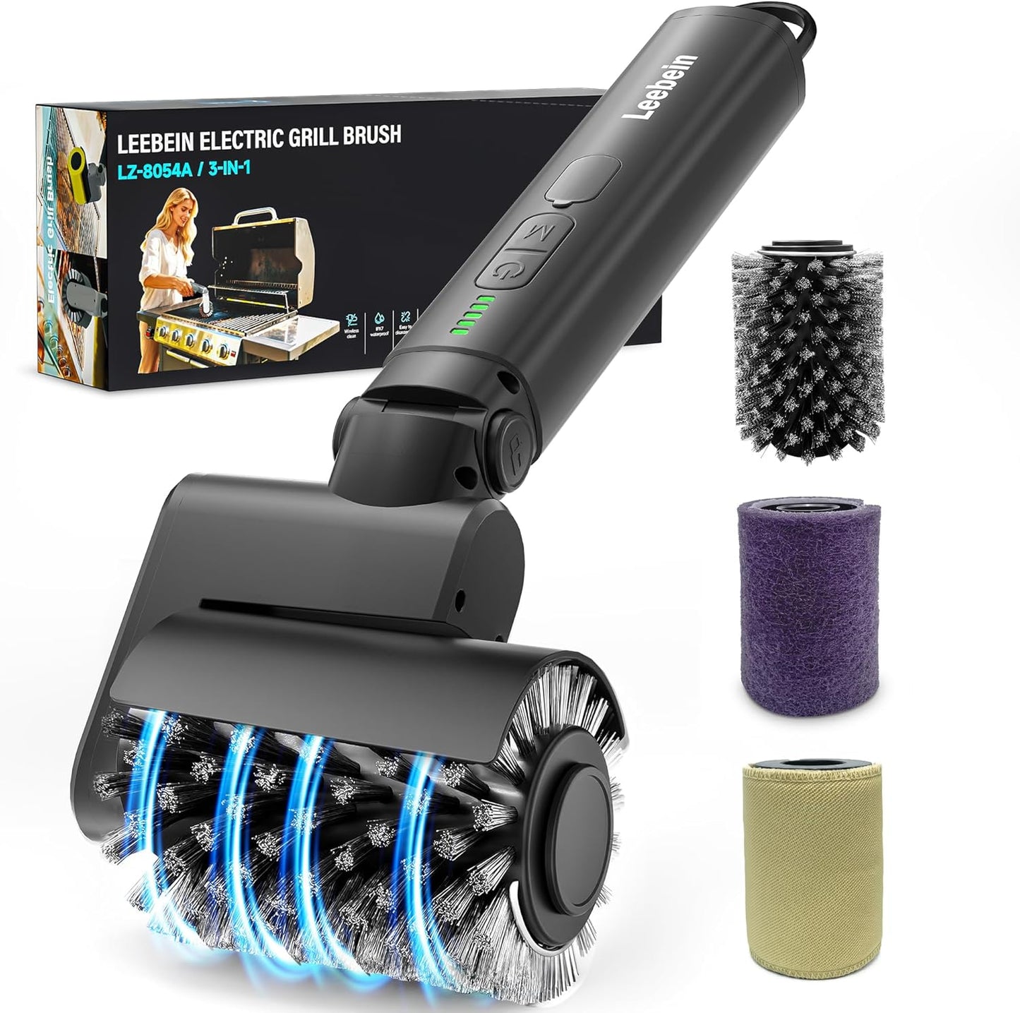 Leebein Electric Grill Brush for Outdoor, 2026 New BBQ Grill Cleaner with 3 Heads, 3-Speed & Angle Adjust Cordless Rotary Grill Brush, 150 Mins Runtime Grill Cleaning Brush for Barbecue Grates