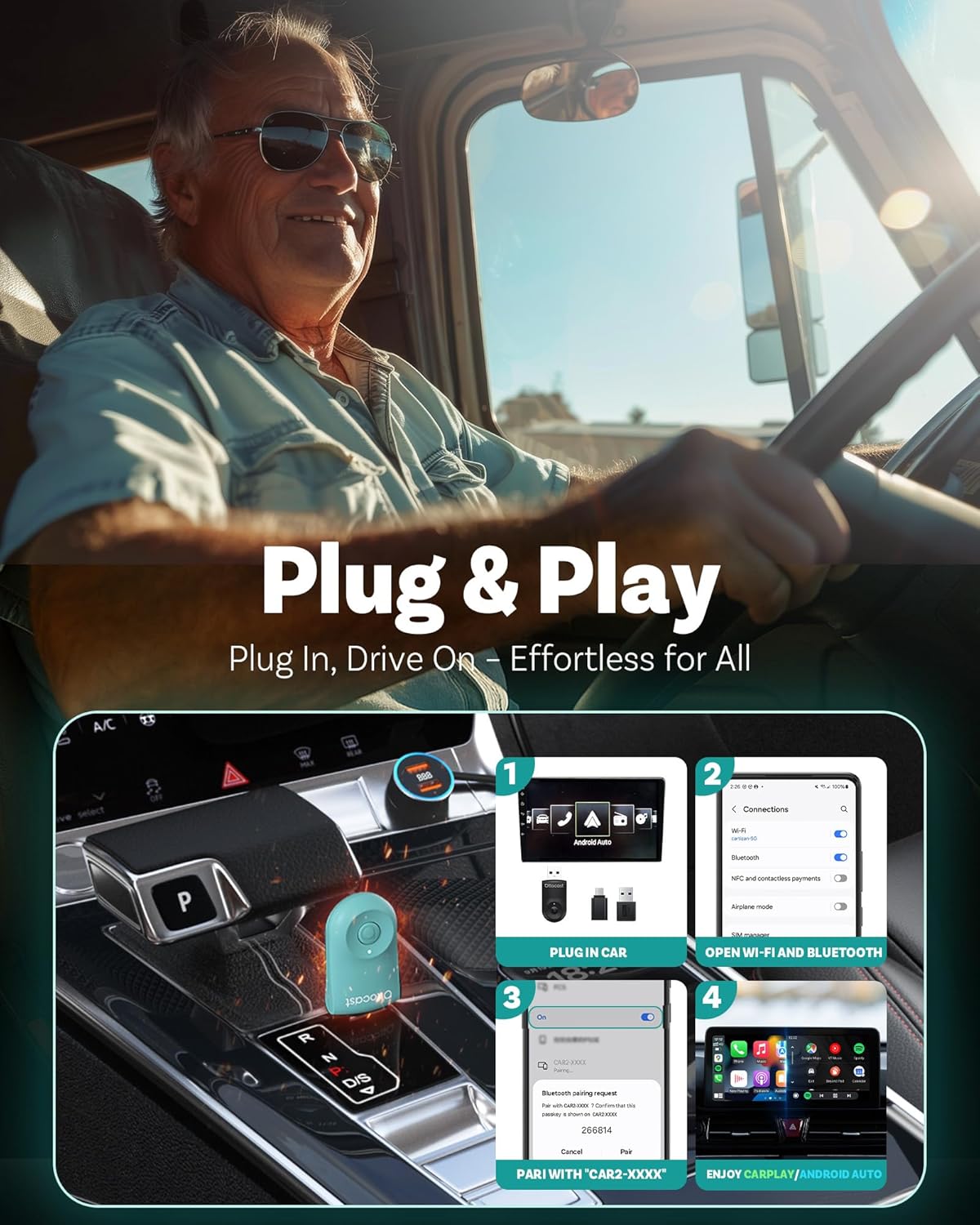 OTTOCAST Mini 2025 Wireless CarPlay & Android Auto 2-in-1 Adapter, Plug & Play, 5GHz WiFi, Auto Connect for iPhone & Android, Fits 98%+ OEM Wired CarPlay Cars (Green)