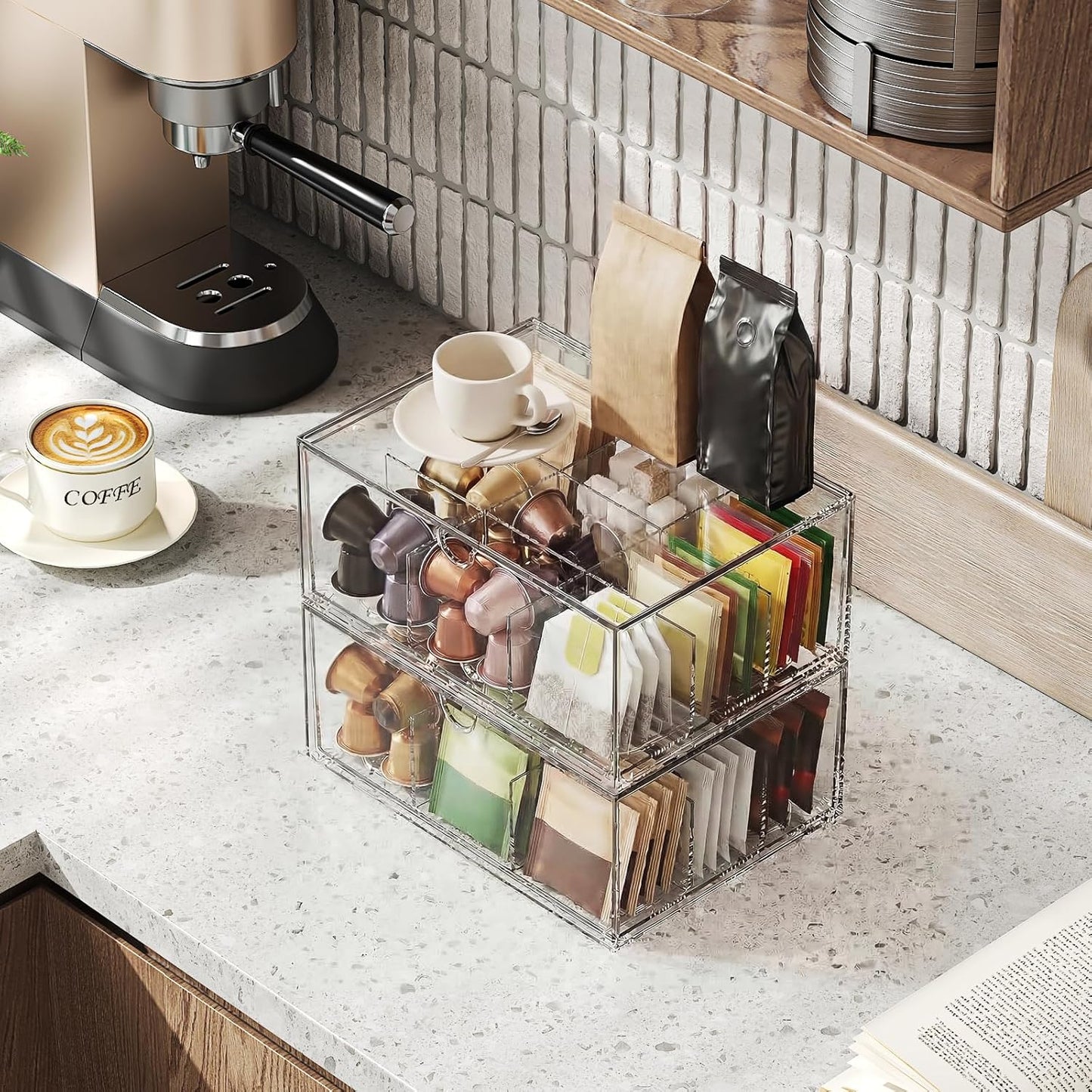 2 Pack Coffee Pod Storage Drawer, Stackable Tea Bag Organizer with Dividers, Acrylic Coffee and Tea Packet Holder, Clear Plastic Storage Bins for Kitchen Pantry, Countertop or Cabinet