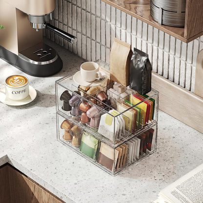 2 Pack Coffee Pod Storage Drawer, Stackable Tea Bag Organizer with Dividers, Acrylic Coffee and Tea Packet Holder, Clear Plastic Storage Bins for Kitchen Pantry, Countertop or Cabinet
