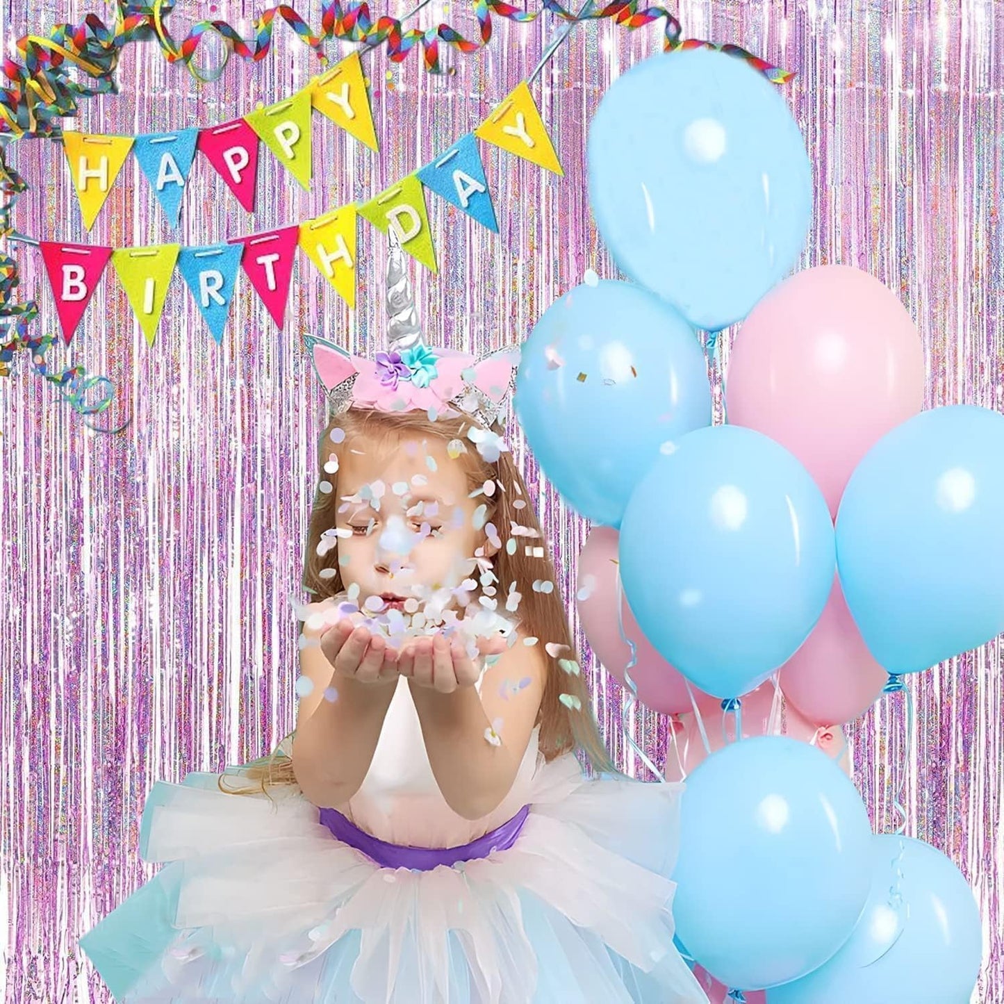 BRAVESHINE Pink Glitter Tinsel Foil Fringe Curtain - 2 Pcs 3.2x8.2 ft Metallic Party Supplies Photo Backdrop for Girl Princess Birthday Unicorn Bachelorette Butterfly Bridal Shower Party Decorations
