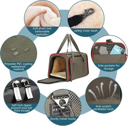 Petsfit Expandable Cat Dog Carrier Airline Approved, 17" L x 11" W x 11" H Soft-Sided Portable Pet Travel Carrier for Kitten, Puppy, Removable Soft Plush Mat and Pockets, Auto-Locking Zippers