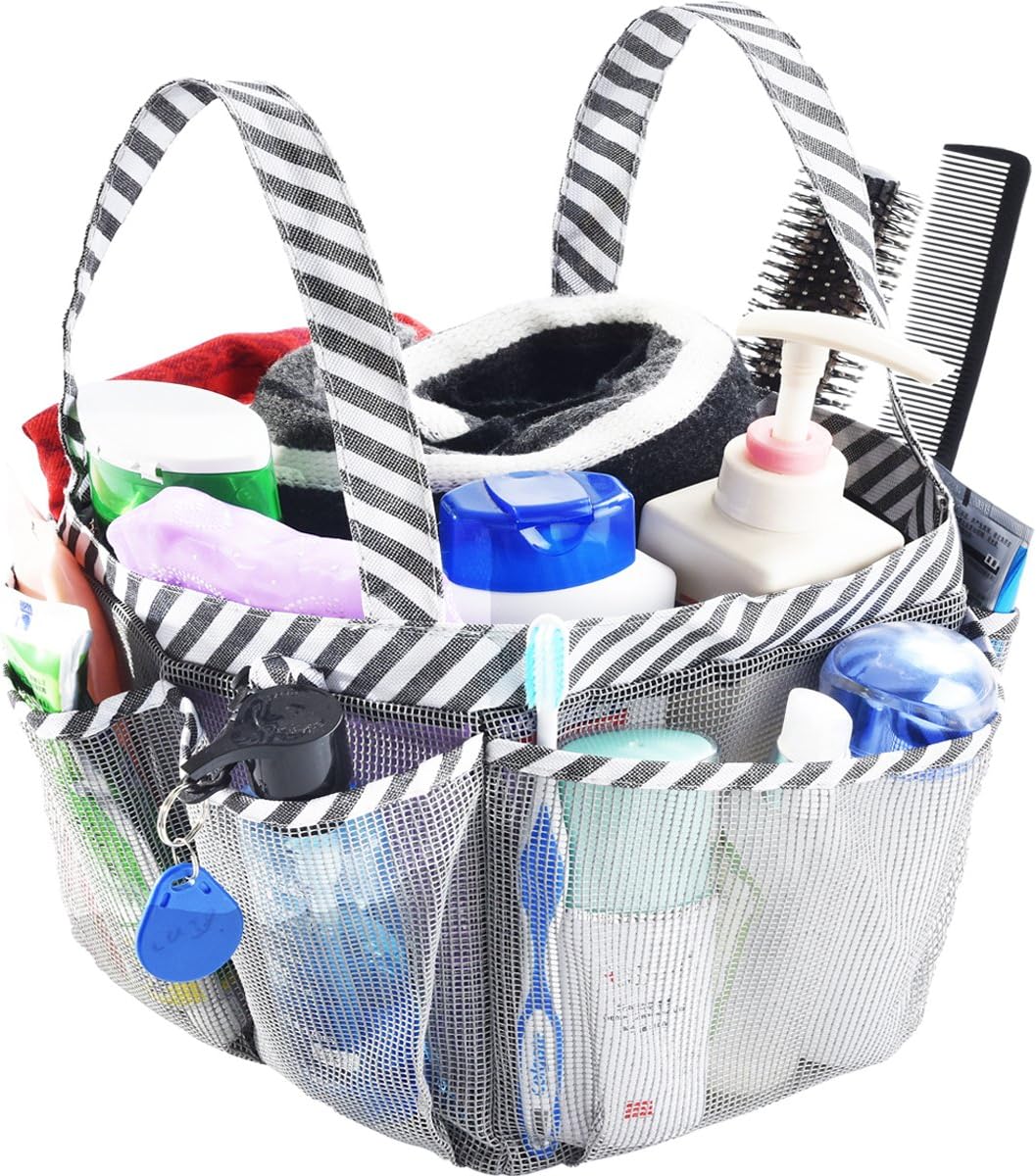 Mesh Shower Caddy Tote, Large College Dorm Bathroom Caddy Organizer with Key Hook and 2 Oxford Handles, Quick Hold, 8 Basket Pockets for Camp Gym