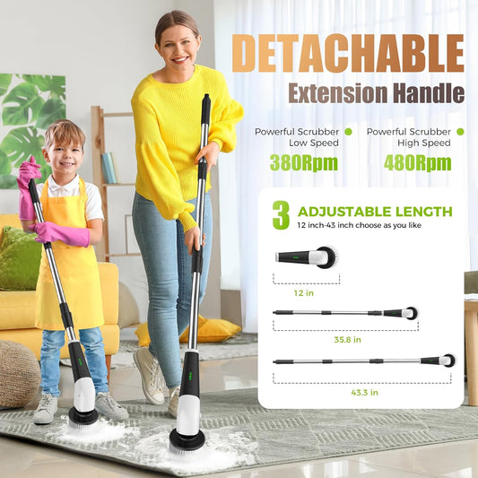 YKYI Electric Spin Scrubber,Cordless Electric Cleaning Brush,Shower Scrubber with 8 Replaceable Brush Heads,Power Scrubber 2 Adjustable Speeds,Bathroom Brush with Long Handle for Bathtub,Tile,Floor - PuriLite
