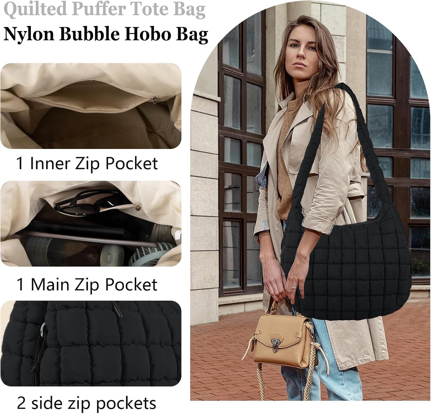 Quilted Puffer Tote Bag Large Crossbody Shoulder Bag with Zipper, Nylon Hobo Oversized Handbag