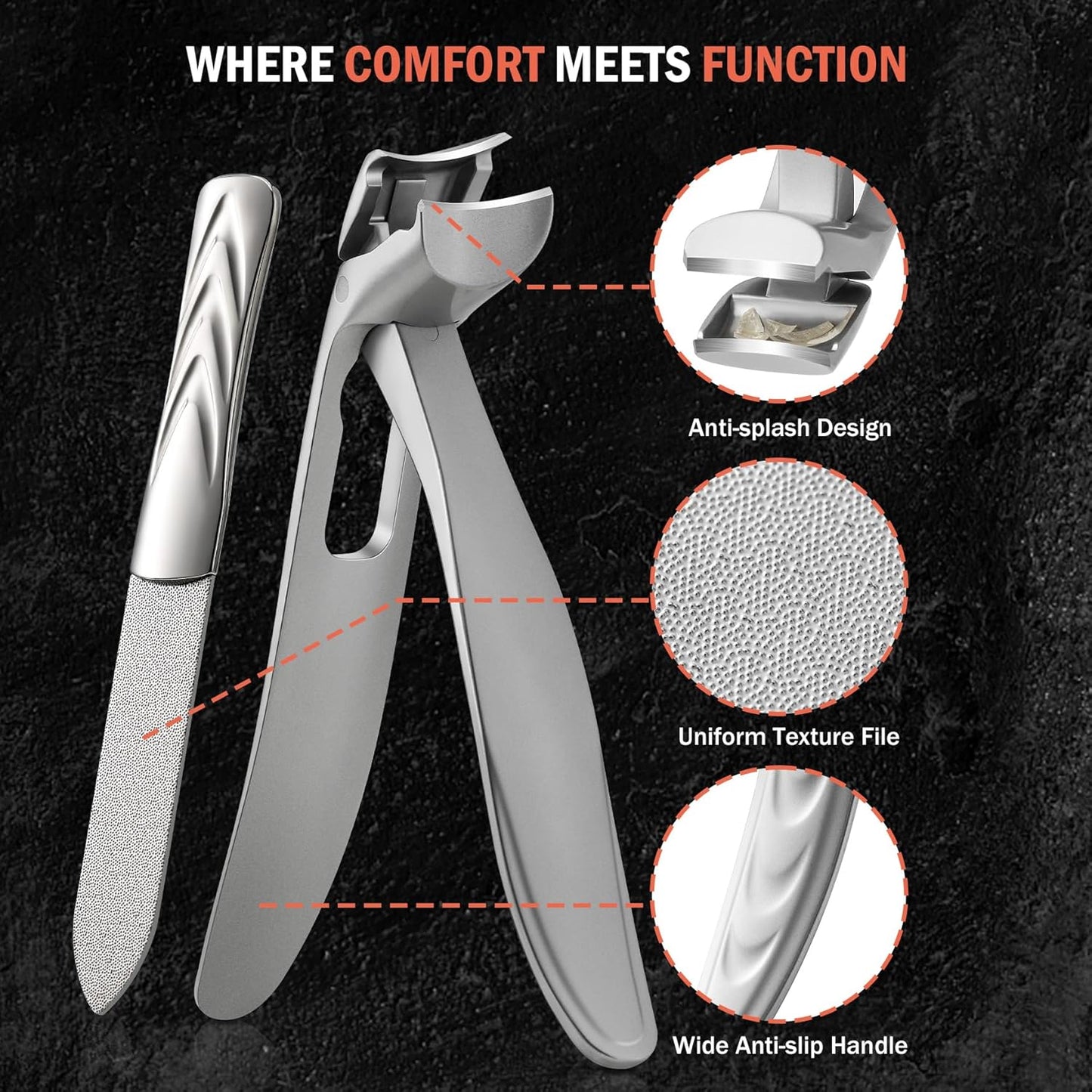 BEZOX Angled Head Nail Clippers for Seniors - Ergonomic Toenail Clipper for Thick Nails, Premium Steel Nail Cutter Trimmer with Catcher for Men and Women - Black