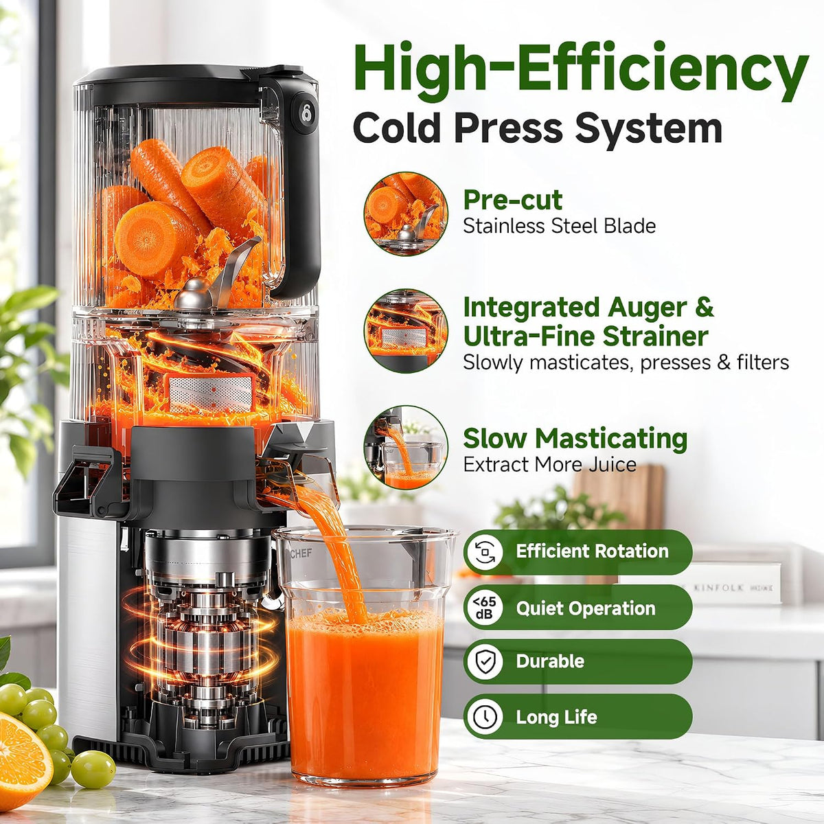 3-in-1 Cold Press Juicer | 600W Motor, Wide Feed Chute and Juice, Nut Milk & Sorbet Maker