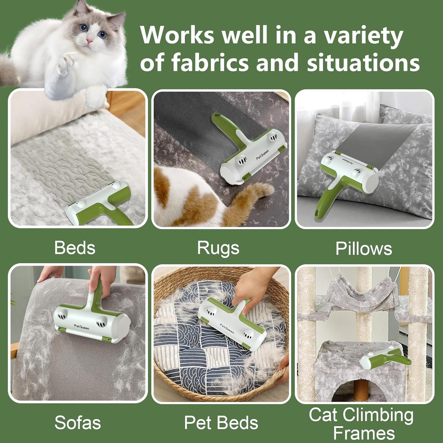 Pet Hair Remover Roller, Reusable Dog Cat Hair Removal Brush, Self Clean Lint Roller Pet Fur from Carpet, Furniture, Rugs, Bedding, Sofa-Green and White