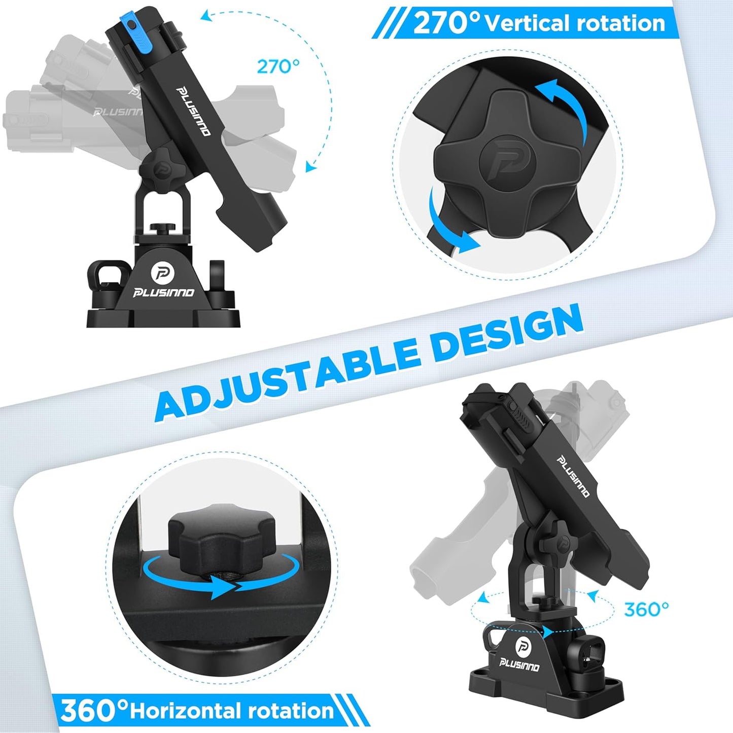 PLUSINNO 2 in 1 Fishing Rod Holders for Boat, Kayak Fishing Rod Holder, Fishing Pole Holders for Track Mount/Deck Mount, Fishing Gear with Fishing Rod Protective Strap, Fishing Accessories & Gifts