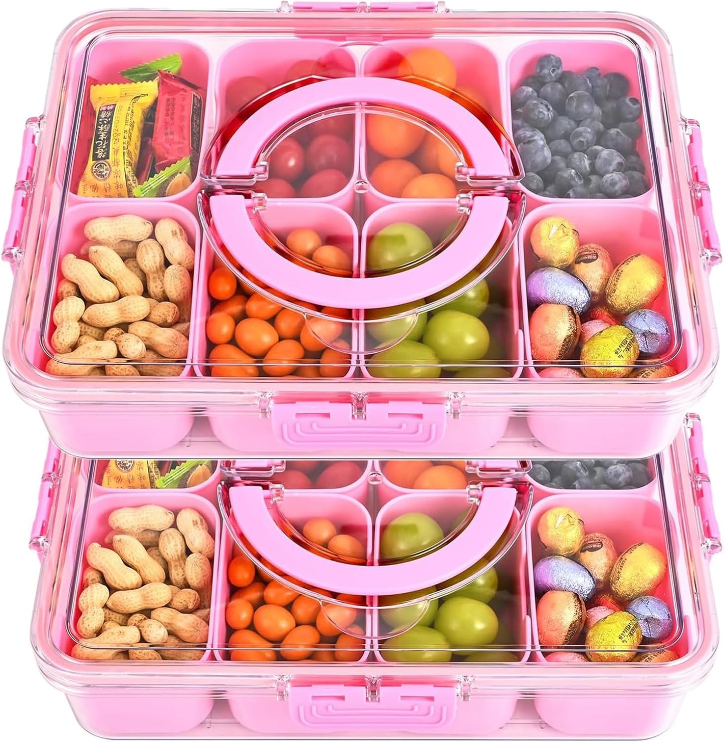 KIGITIONE Snackle Box, Pink 8 Compartments Portable Serving Tray, Divided Snackle Box Container with Lid and Handle, Snack Organizer for Fruits, Snacks, Nuts, Candy, Ideal for Party, Travel & Picnics