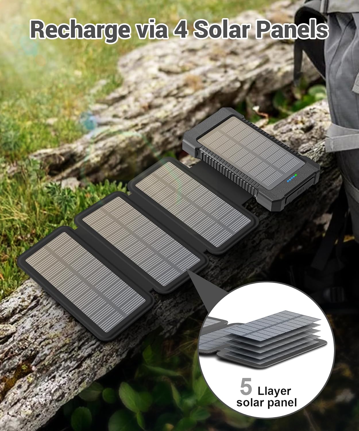Solar Power Bank 38800mAh with 4 Solar Panels, Portable Charger USB C 18W Fast Charge for iPhone Samsung, IP67 Waterproof Outdoor External Battery Pack with Flashlight Light/SOS/Strobe
