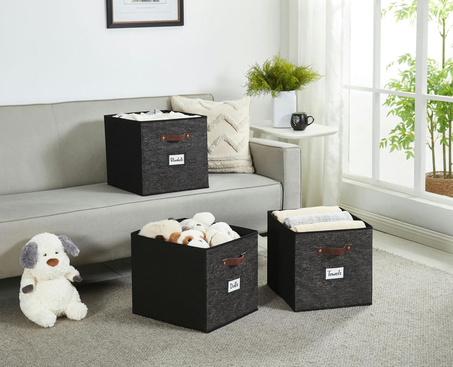 DECOMOMO Cube Storage Bin, Storage Cubes with Labels, Baskets for Shelves Kallax Linen Closet Organizers (Cube 10.5x11"/ 6pcs, Black)