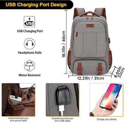Tzowla Canvas Laptop Backpack Men,Bag for Women,School Travel College Work Rucksack Fits 15.6 Inch Laptop,Bookbag with USB Charging Port,Dark Grey